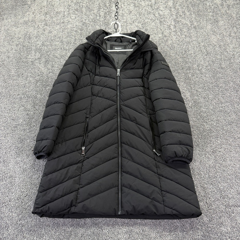 DKNY Puffer Jacket Womens L Black Quilted Long Sleeve Full Zip Hooded Coat